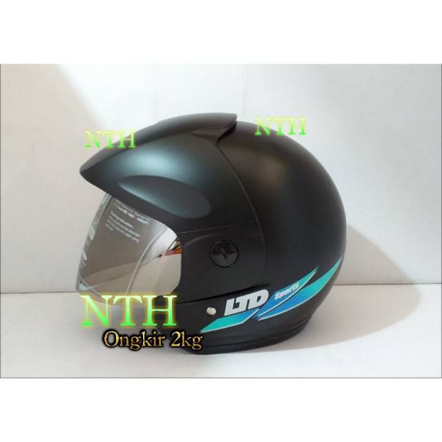 Helm LTD Sport Hitam dop dan kaca LTD Iridium Silver anti silau anti embun bisa di pakai siang malam