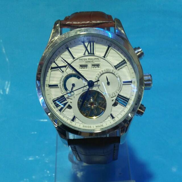 JAM TANGAN PRIA PATEK PHILIPPE TALI KULIT COKLAT CHRONOL,METIK,TGL AKTIF