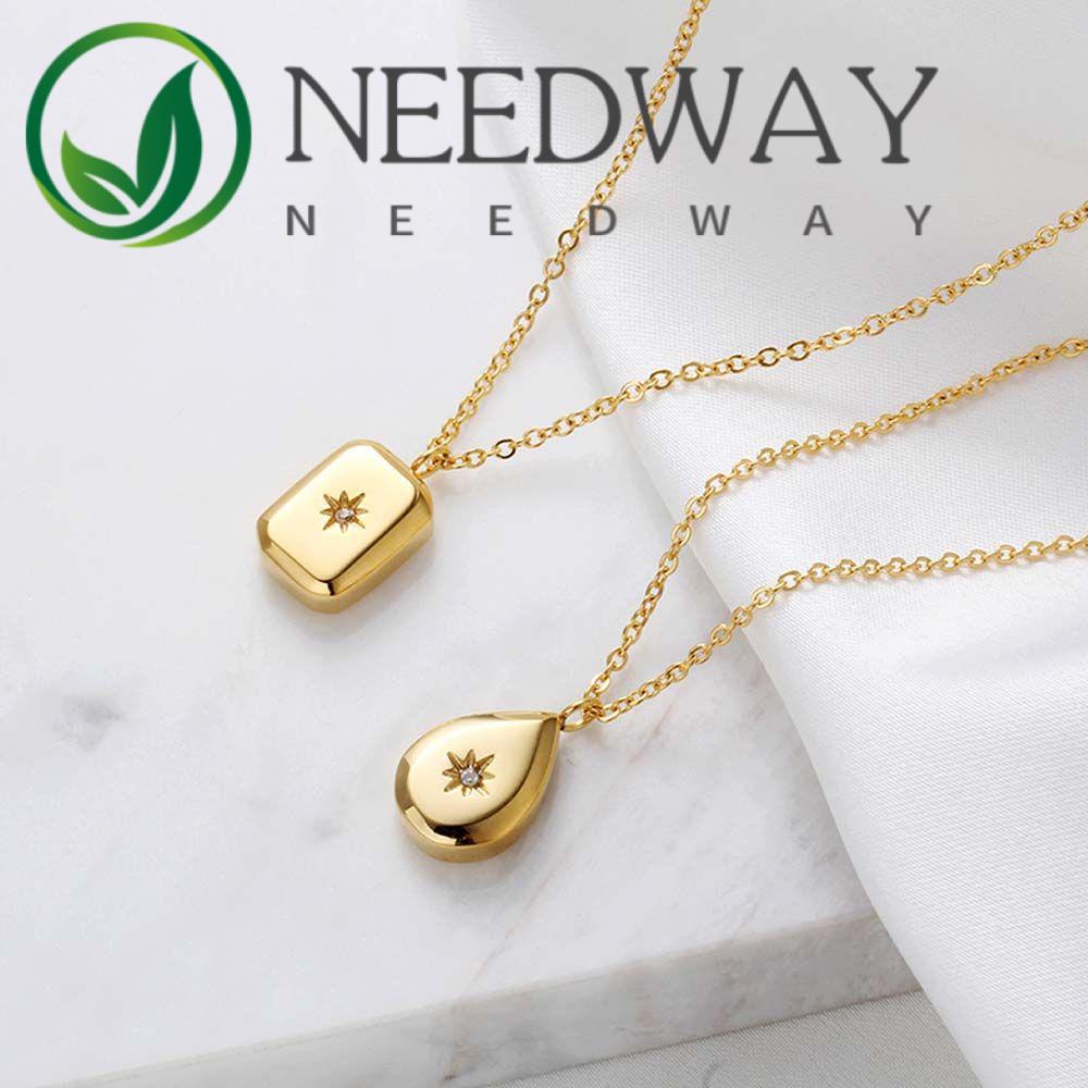 Needway  Party Gift Necklaces Elegant Metal Choker Clavicle Chains Drop Shaped Pendant Gold Color Women Girls Diamond Rectangle Pendant Sun Korean Style