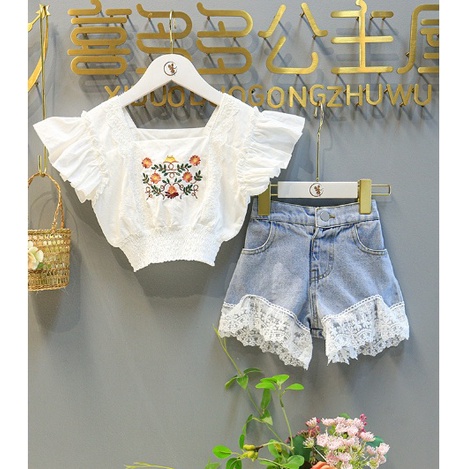 SETELAN ANAK CEWEK IMPORT / JEANS BAJU CELANA MOTIF BUNGA CROP BUNGA JEANS