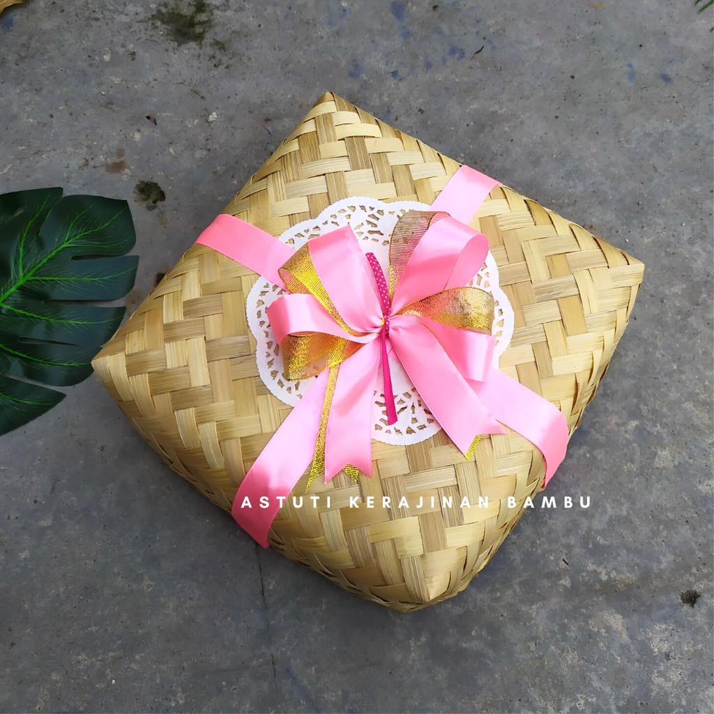 Besek Bambu Natural Hias Pita Glitter 20 x 20 cm/Besek Makanan Besek Bridesmaid Besek Kain Besek Ham