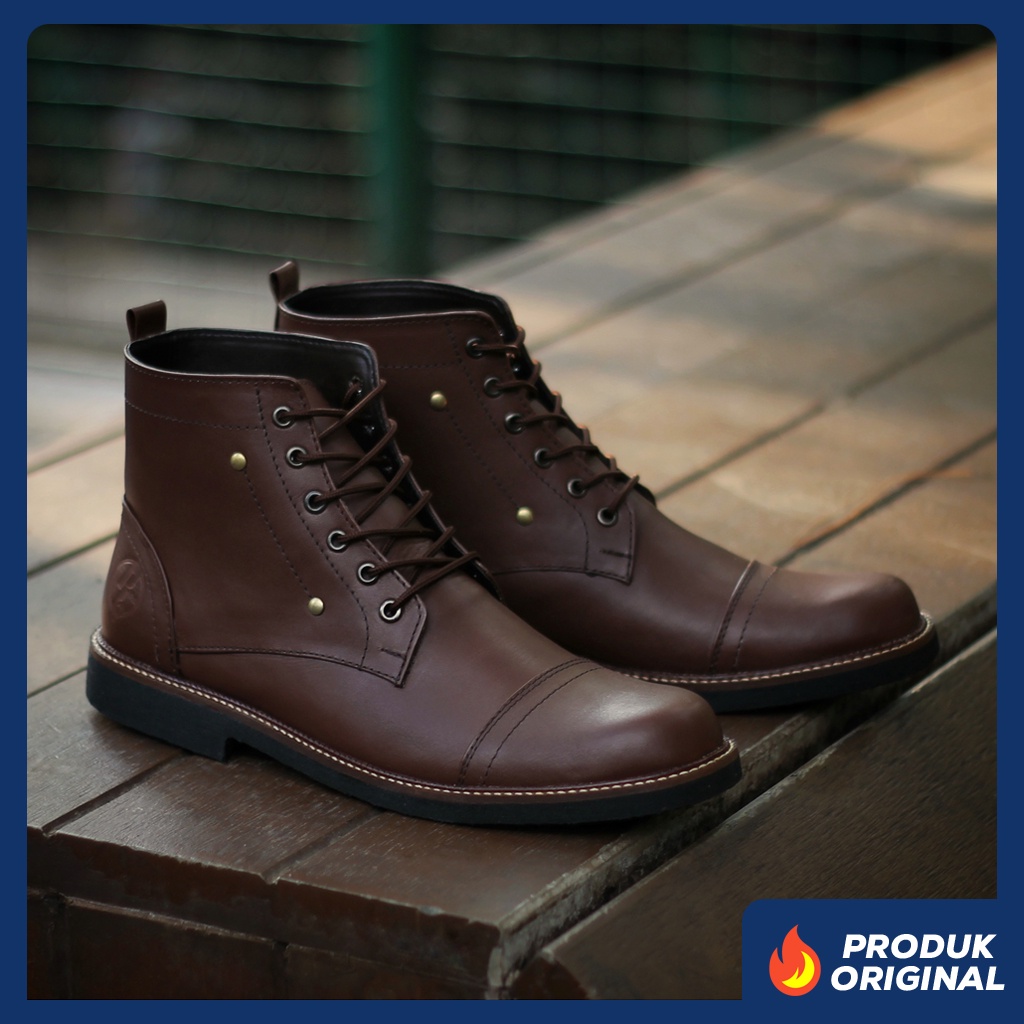 OVERTURE BROWN ORIGINAL x REYL MAN Sepatu Safety Boots Coklat Kulit Sapi Asli Pria Kerja Proyek Lapangan Outdoor Ujung Besi Steel Toe Cap Leather Footwear Motor Touring Boot Casual Bikers Riding High Shoes Big Size Ukuran Jumbo 44 45 Keren Terbaru Branded