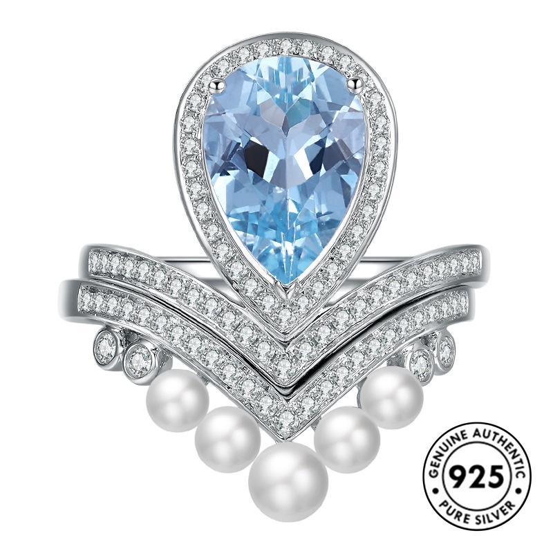 Cincin Sterling Silver 925 Model Mahkota Dengan Berlian Aquamarine Untuk Wanita