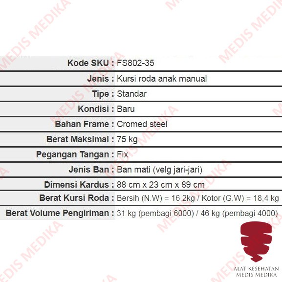 Kursi Roda Anak GEA FS 802-35 Wheel Chair Child Wheelchair Ringan Alat Bantu Jalan