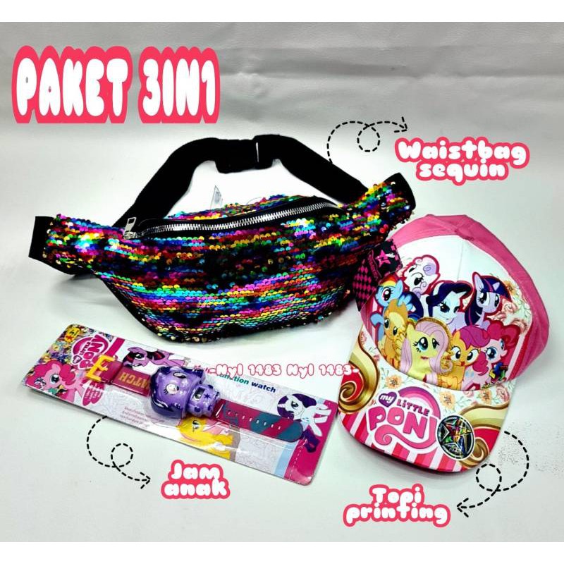 PAKET MURAH 3IN1 WAISTBAG SEQUINN \ TOPI PRINTING \ JAM TANGAN LED ANAK CEWE