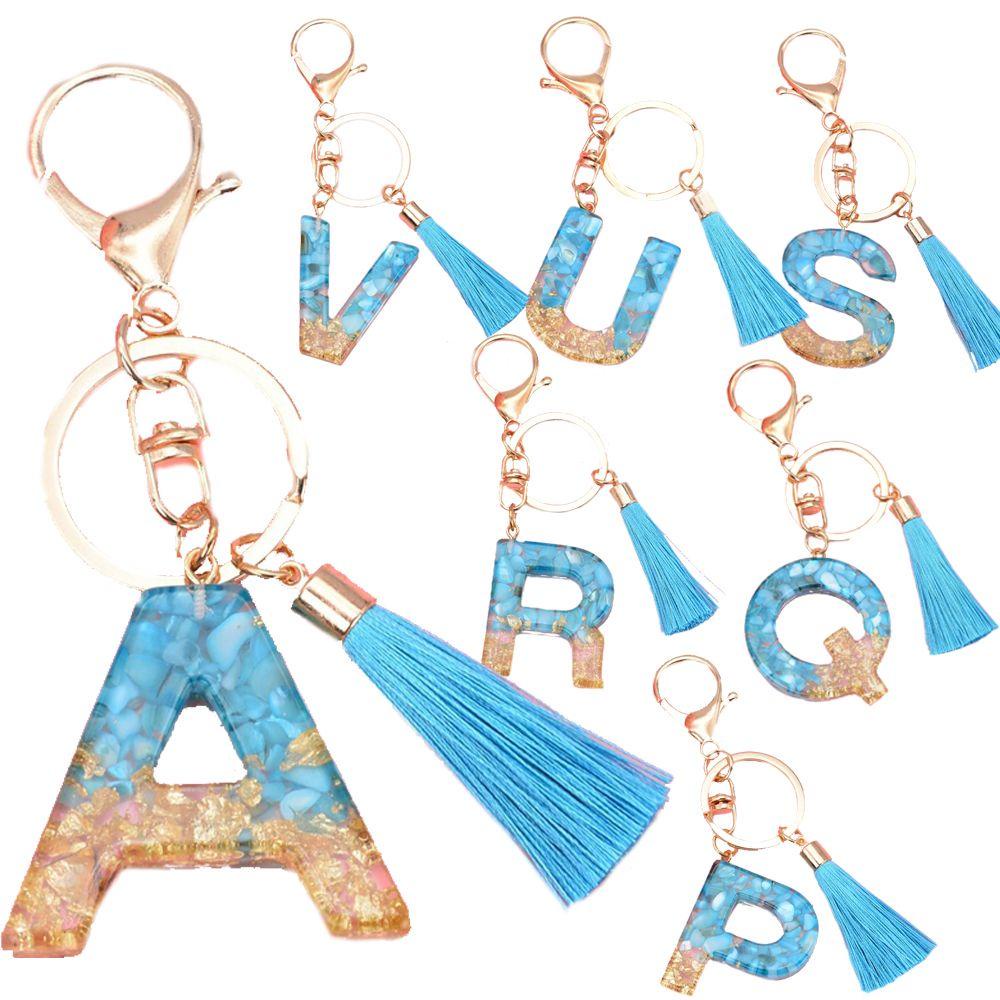 [Elegan] 26huruf Gantungan Kunci Resin Fashion Aksesoris Biru Rumbai Liontin Ornamen Kristal Alfabet Key Chain