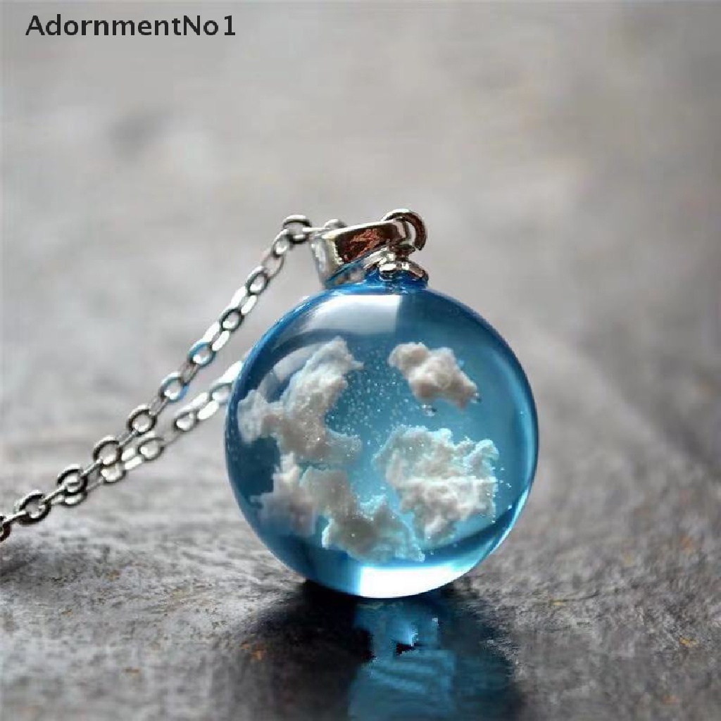 (AdornmentNo1) Kalung Rantai Dengan Liontin Bulan + Bola Resin Motif Langit Biru + Awan Putih Untuk Wanita