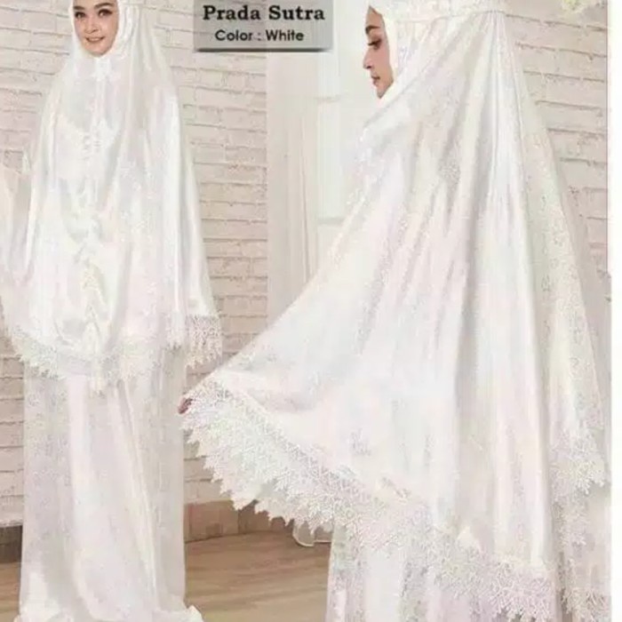 mukena putih white mukenah elegan prada sutra sutera mewah