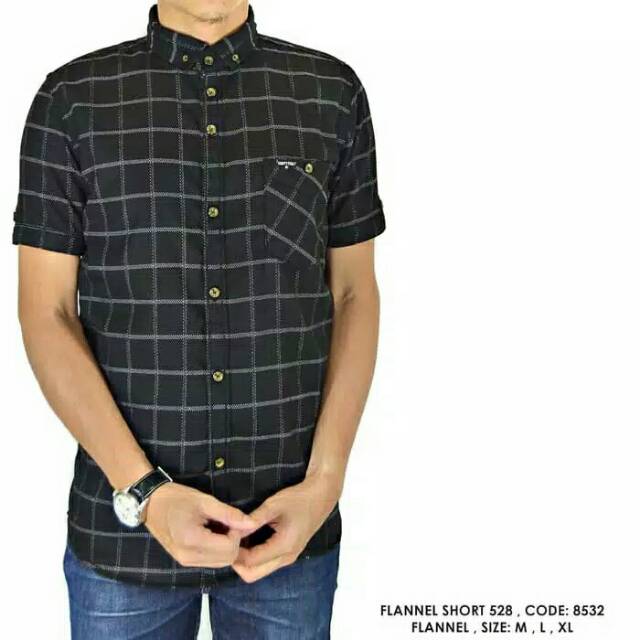 Kemeja Flanel Pria Pendek Kantor Kotak Abu Hitam