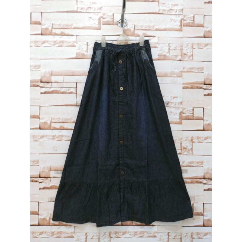 Rok jeans premium rempel dewasa kancing panjang/rok jeans pinggang karet bawah kerut dewasa-Hitam
