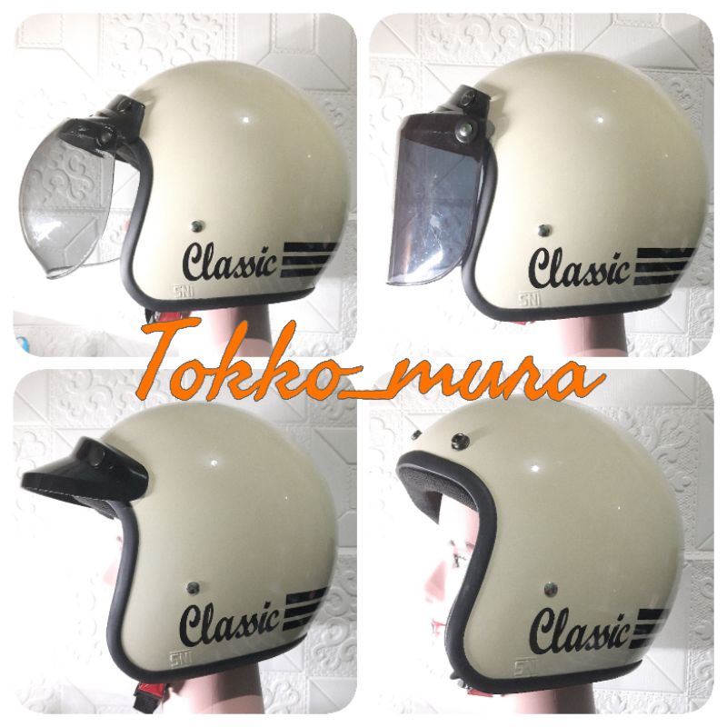 Helm bogo classic Cream / bogo garis tiga murah sni polos