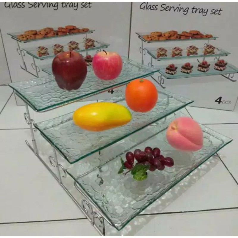 KRISHOME WADAH SAJI KACA 3 TINGKAT/ACE TEMPAT WADAH KUE KACA/NAMPAN SAJI KUE/GLASS SERVING TRAY SET