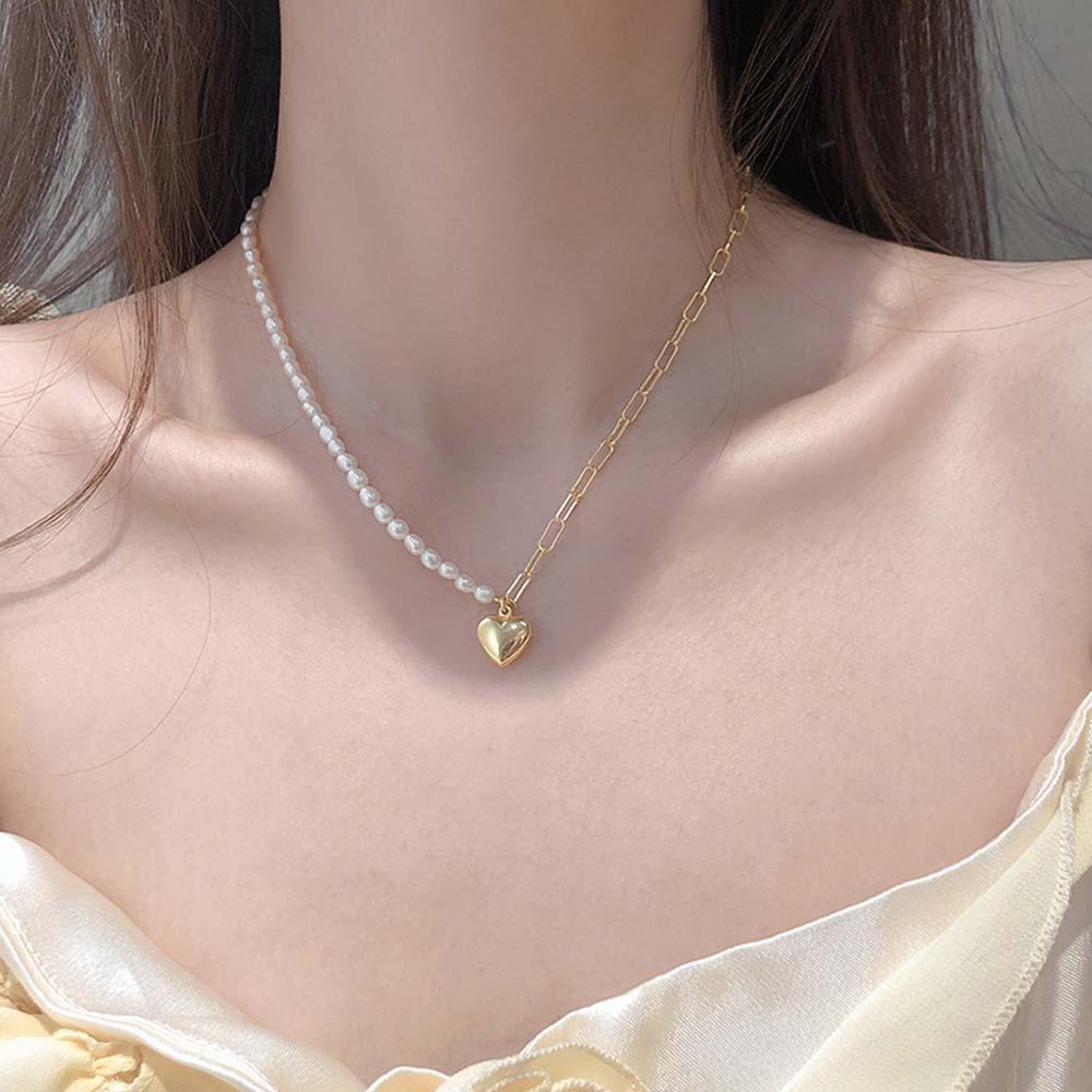 Mxbeauty Kalung Rantai Tembaga Liontin Hati Asimetris Hias Mutiara Untuk Wanita