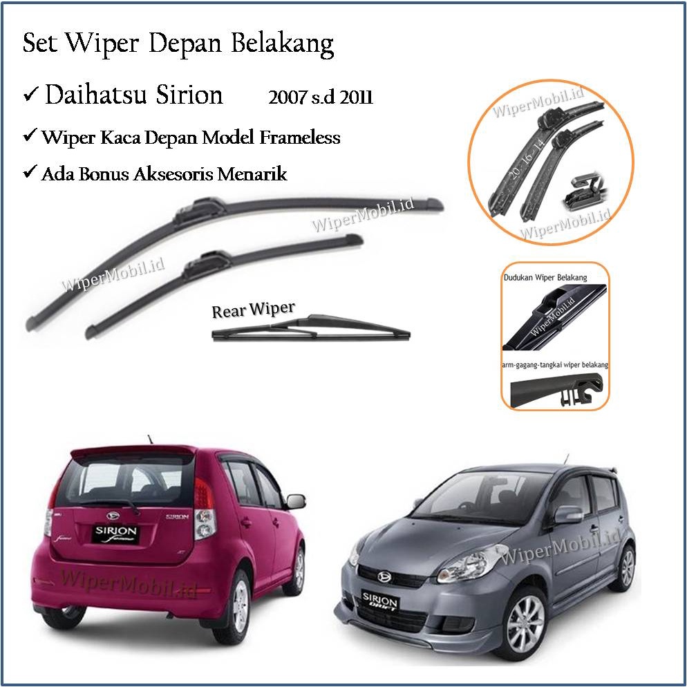 Wiper Frameless Kaca Depan Belakang Daihatsu Sirion 2007 2008 2009 2010 2011