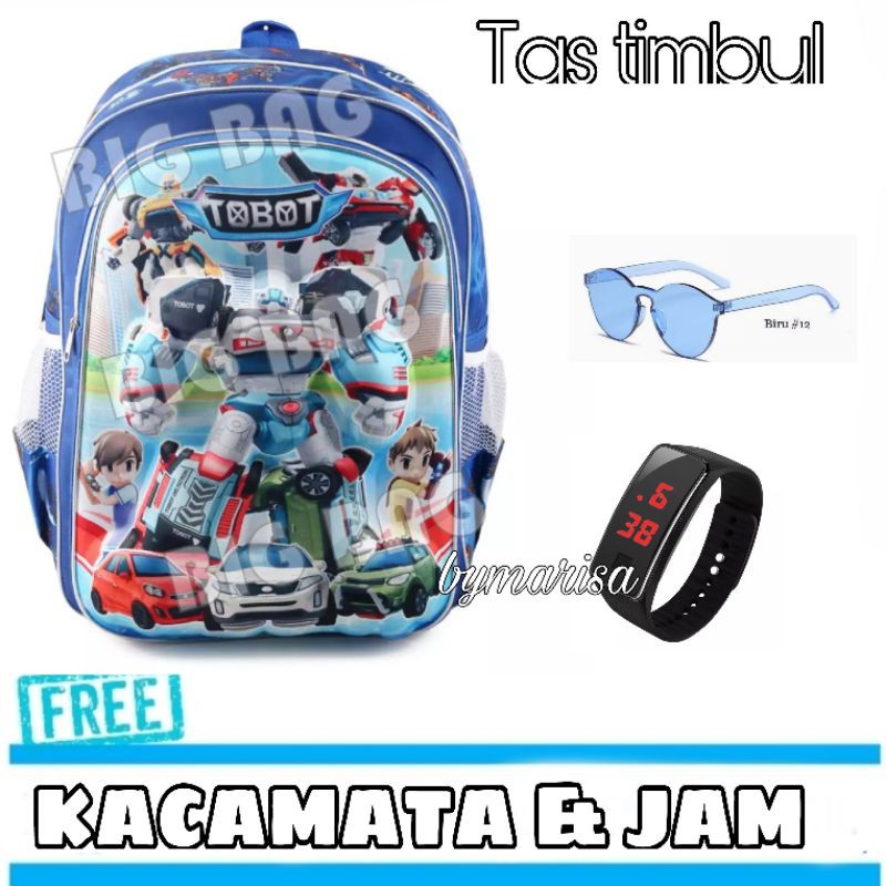 Tas Anak Laki laki Tas Sekolah Ransel Tas Ransel Anak TOBOT free jam & kacamata Tas 3dimensi Timbul