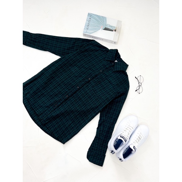 Uniqlo Long Sleeve Plaid Flannel Shirt kemeja pria-UNQ Plaid G.Bottle