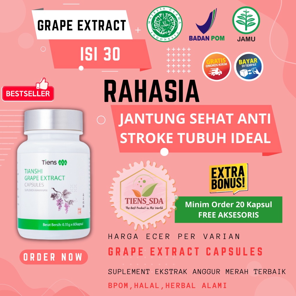 

(ISI 30) TIANSHI GRAPE EXTRACT CAPSULES SUPLEMEN MAKANAN UNTUK SAKIT JANTUNG STROKE MEMBERSIHKAN PEMBULUH DARAH PELANGSING DIET DETOX SLIM SLIMMING GRAPE EXTRACT EKSTRAK ANGGUR MERAH PELANGSING BPOM