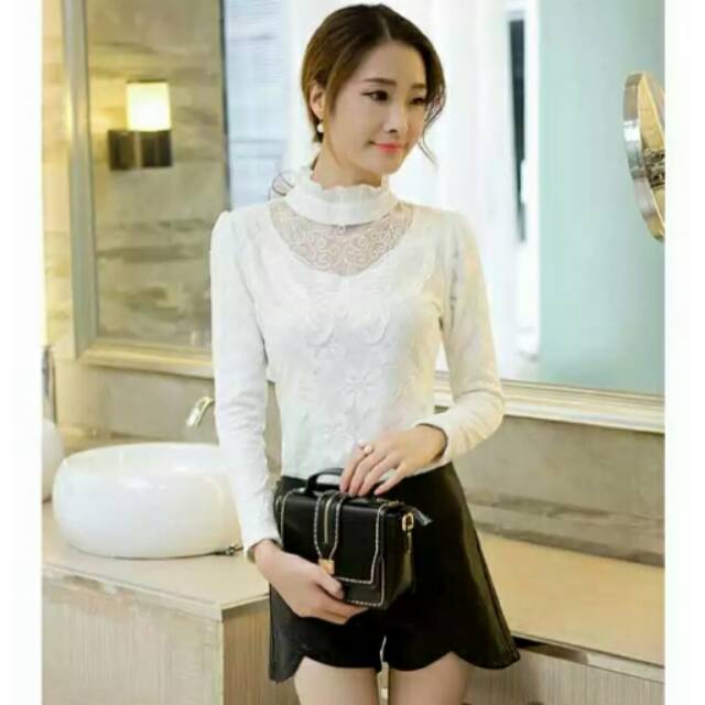 Blouse wanita korea brokat white putih import lengan panjang