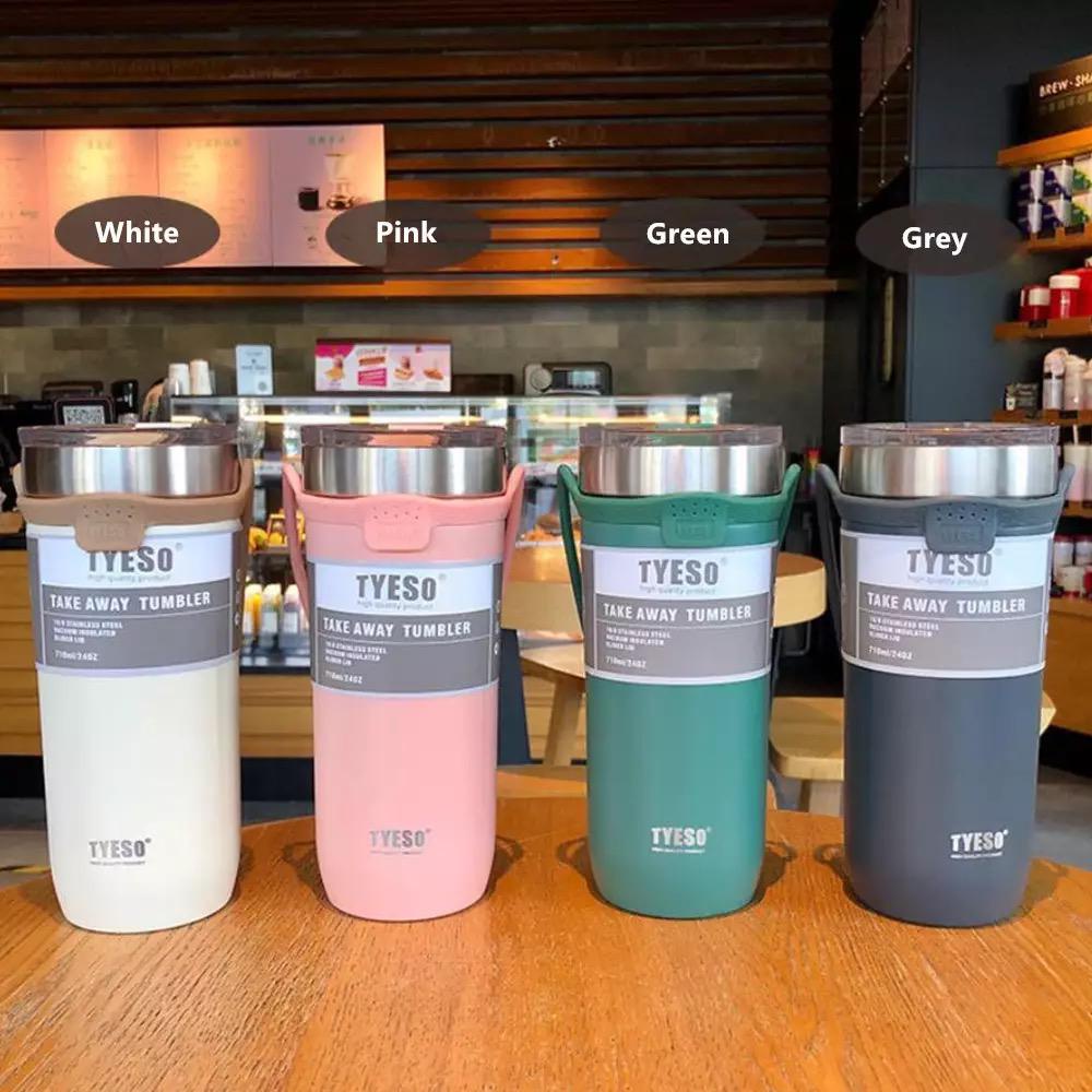 tyeso take away tumbler 100% ORIGINAL free sedotan double vacuum stainless steel coffee thermos with rope handle / botol minum portable premium quality / coffee tea tumbler