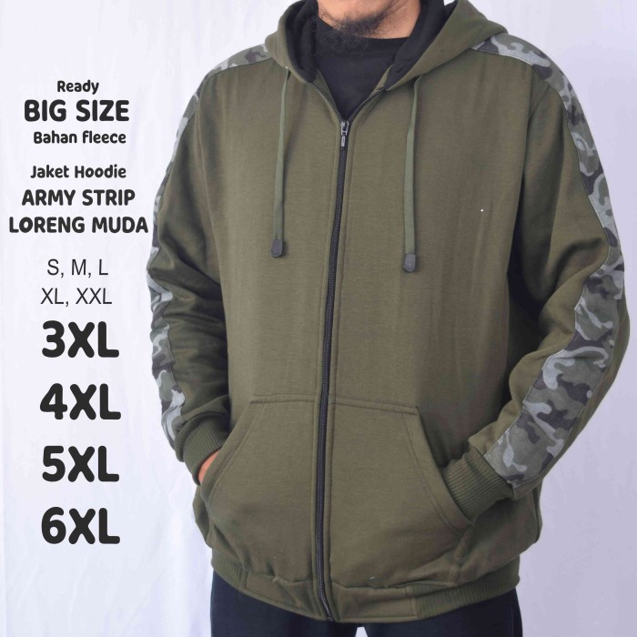 JAKET HOODIE HIJAU ARMY STRIP LORENG ABU MUDA PRIA JUMBO BIG SIZE TERBARU