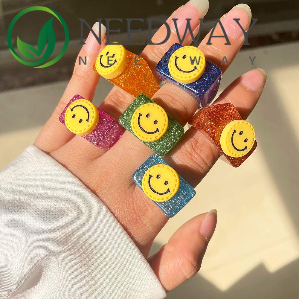 Needway  Gifts Finger Ring Korean Fashion Accessories Rings Glitter Smiley Face Transparent Candy Color Resin Acrylic Crystal Party Jewelry/Multicolor