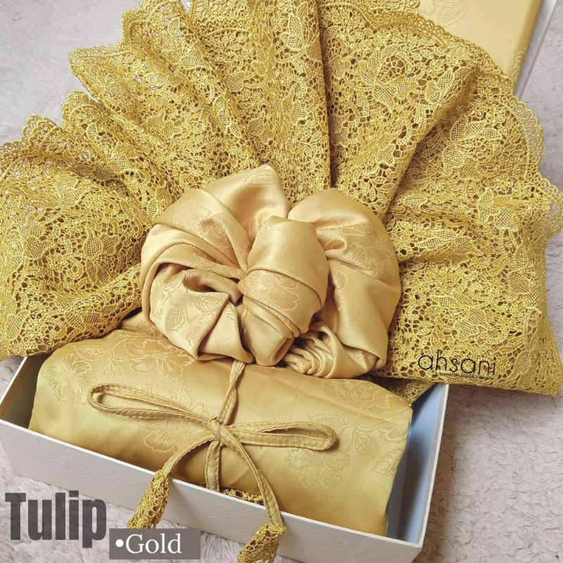 AHSANI MUKENA TULIP WARNA GOLD MUKENA BAHAN SUTRA ORI PRINTING BUNGA MUKENA CANTIK RENDA BORDIR KERA