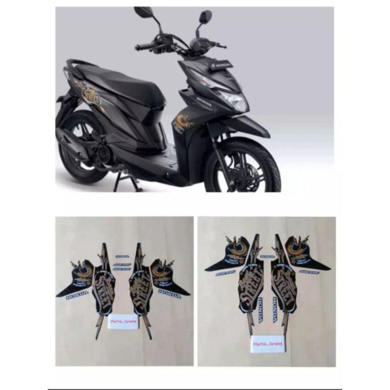STICKER STRIPING & LIS BODI MOTOR HONDA BEAT STREET FI ALL NEW TAHUN 2019 WARNA HITAM GOLD STANDAR