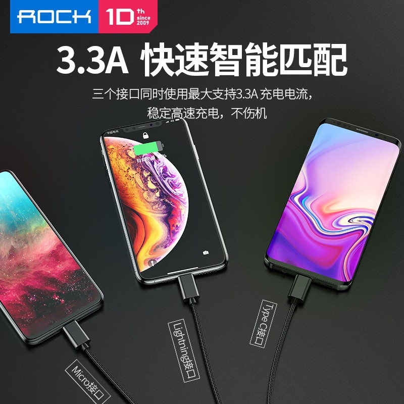 ROCK 3in1 Metal Stretchable Charge and Sync Cable 3.3A 2M