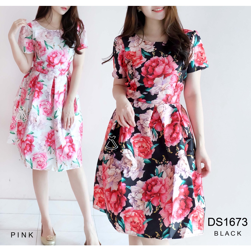 DS1673 - Dress Midi Sateen Floral Basic Flare Party Look