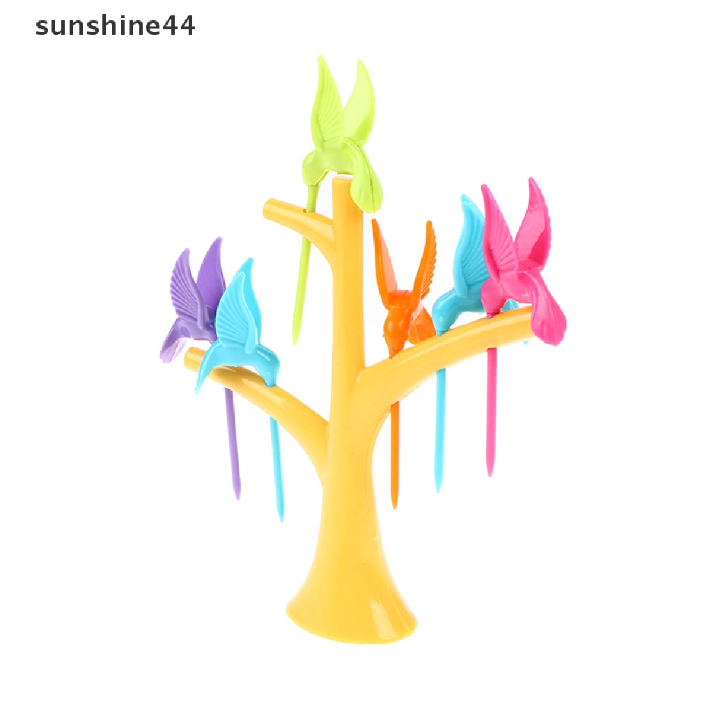 Sunshine 1 Set Garpu Buah / Sayur Bentuk Pohon + Burung Bahan Plastik
