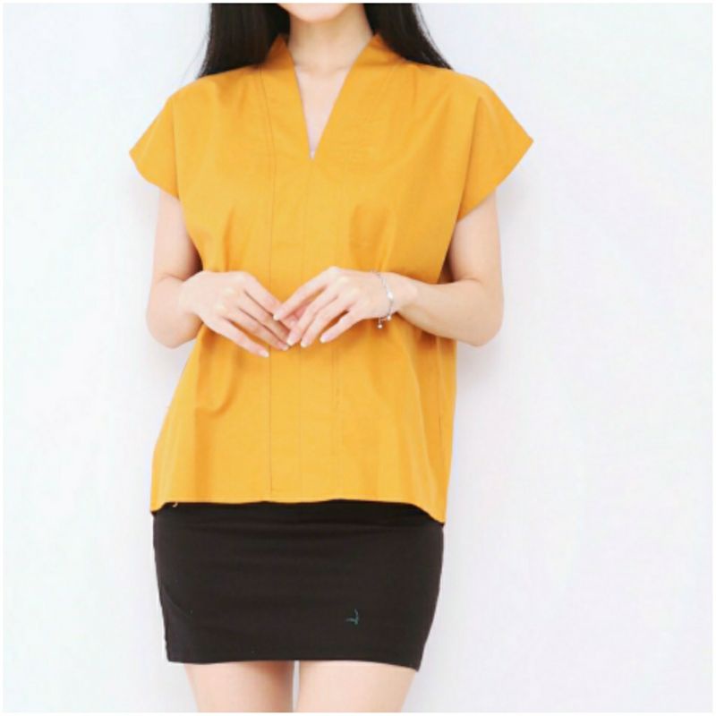 Blouse Atasan Wanita Lengan Pendek Katun Uniqlo, Yumi Blouse#-Yumi Blouse Mustard