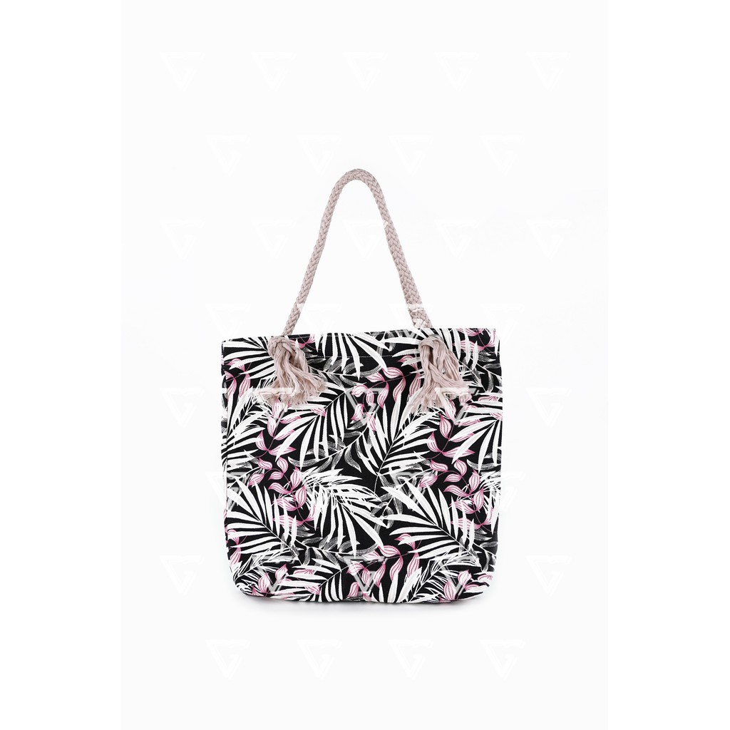 Tote Bag Kanvas Tali Sumbu - Tas Totebag Wanita Talisumbu Kanvas Motif Palm Pink