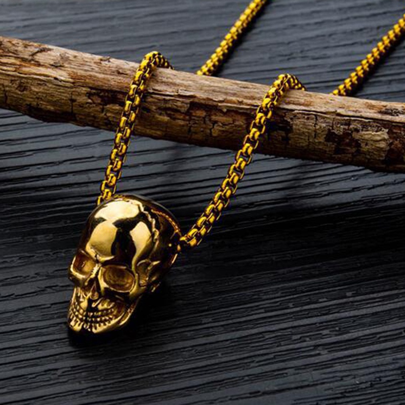 Kalung Rantai Liontin Tengkorak Lapis Emas Gaya Hip Hop Gothic Untuk Pria