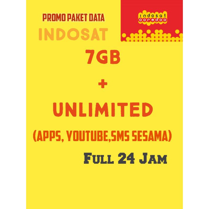 Kuota data indosat 7GB+UNLIMITED (Apps, YouTube, Sms Sesama)