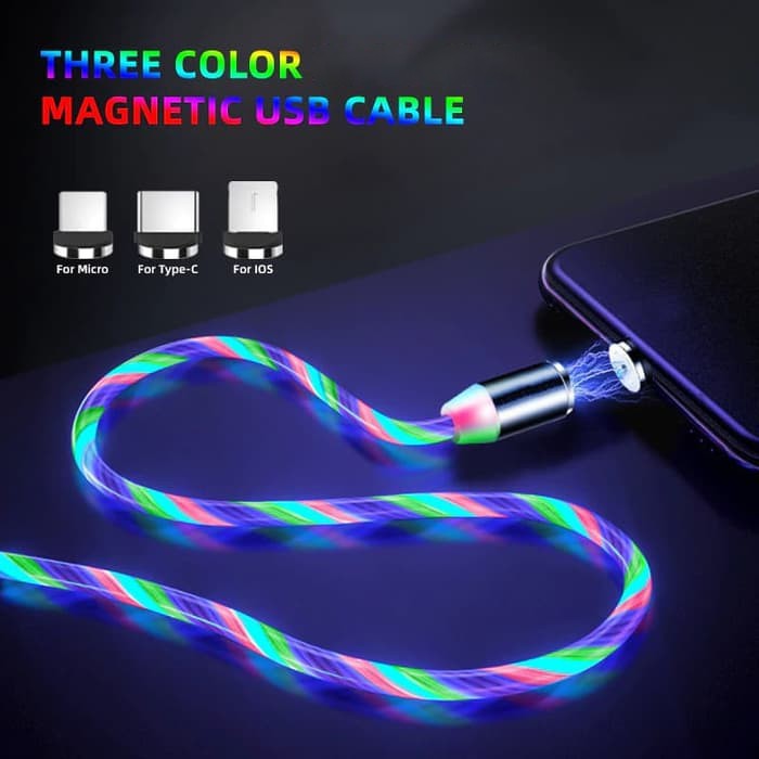 Kabel Cas Kabel Charger 3 in 1 Micro USB Type C Lightning USB GLOW LED Magnetik Fast Charging 1M