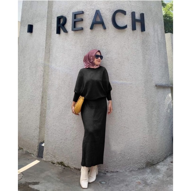 SET ROK REACH KNIT, RIB KNIT, GAMIS HIJAB MUSLIM, SETELAN