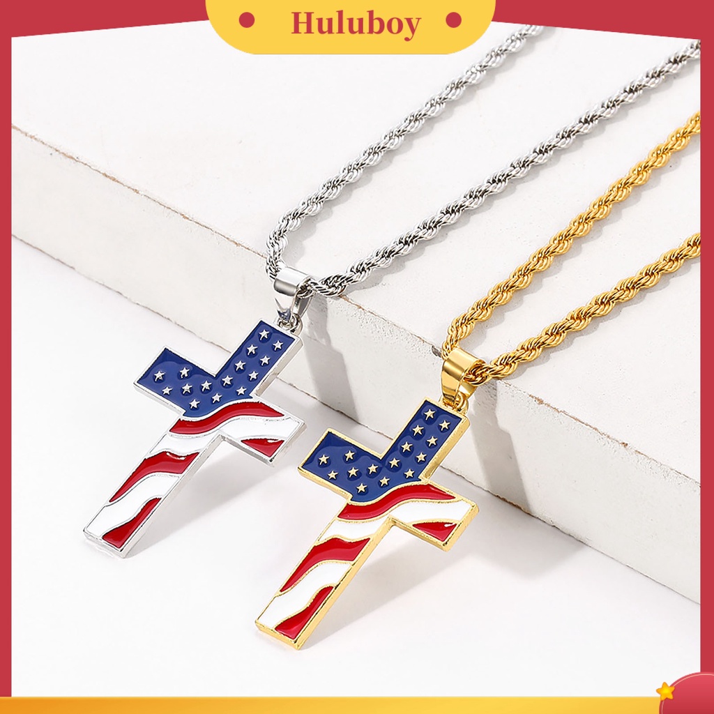 Hu Hu Hu Hu Hu Alat Bantu Pasang Kacamata♡ Kalung Liontin Salib Motif Print Bendera Amerika National Warna-Warni Untuk Pria