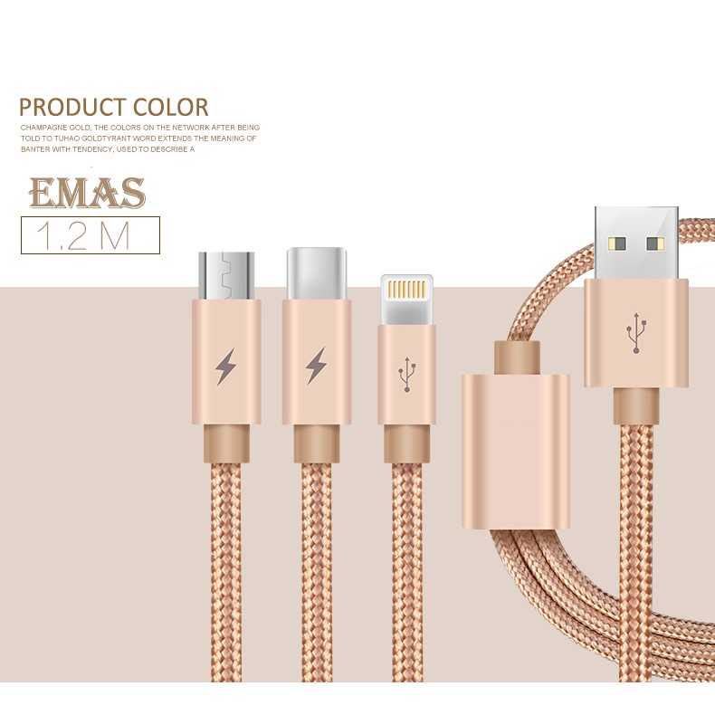 Kabel data / Cable USB 3 in 1 MICRO TYPE C LIGHTNING IPHONE ANDROID 1.2M (pack plastik)