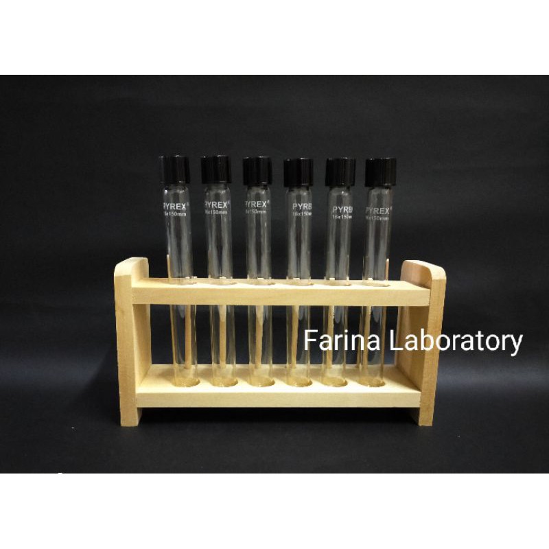 Rak Tabung Reaksi Kayu & 6pcs Tabung Reaksi tutup plastik 16 x 150mm Pyrex Class A