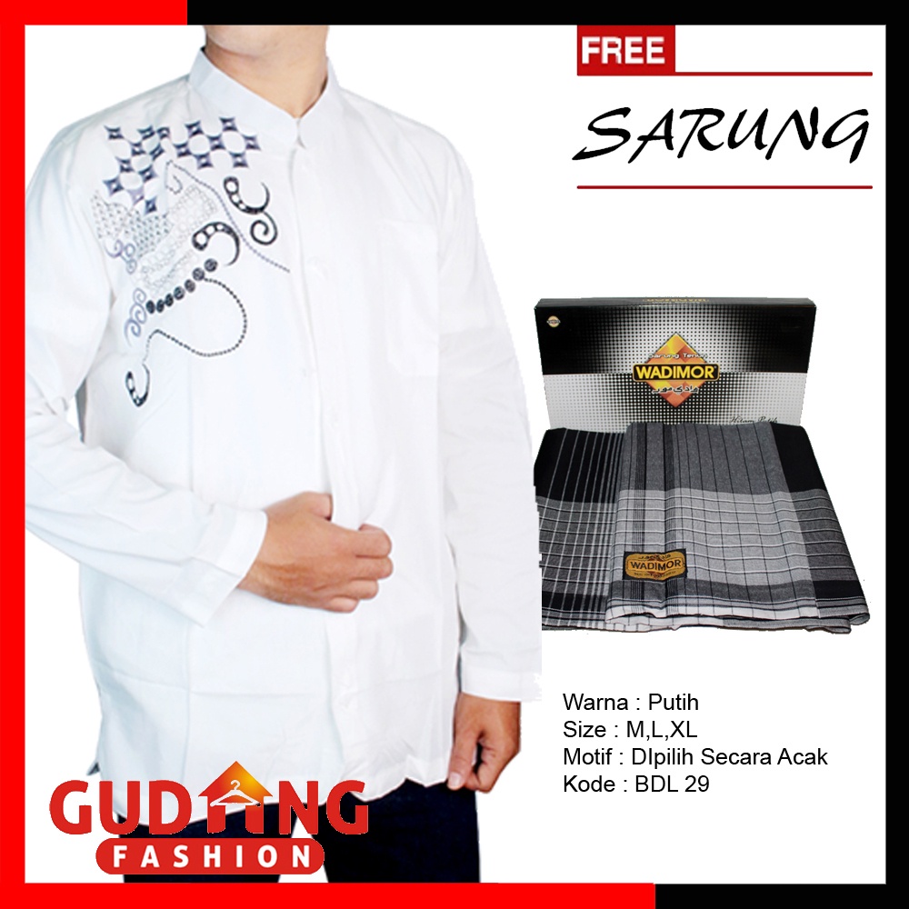 GIOFLO Baju Koko Panjang Pria Muslim Bordir Plus Free Sarung / BDL 01