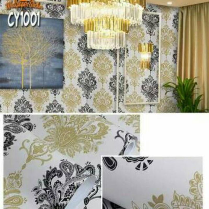 WALLPAPER STIKER DINDING MOTIF BATIK HITAM GOLD