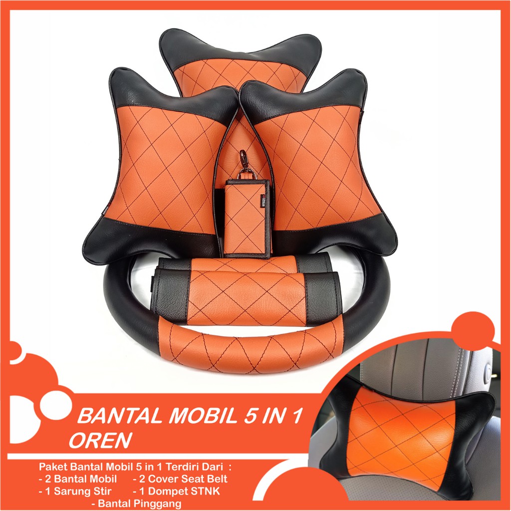 Set Bantal Mobil 5 in 1 Premium Bantal Leher Bantal Pinggang Cover Stir Seatbelt Free Dompet STNK