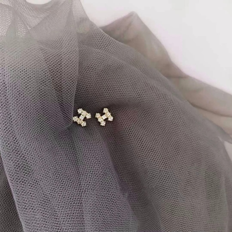 Anting Stud Zircon Berlian Imitasi Bentuk Huruf H Geometris Gaya Korea Untuk Wanita