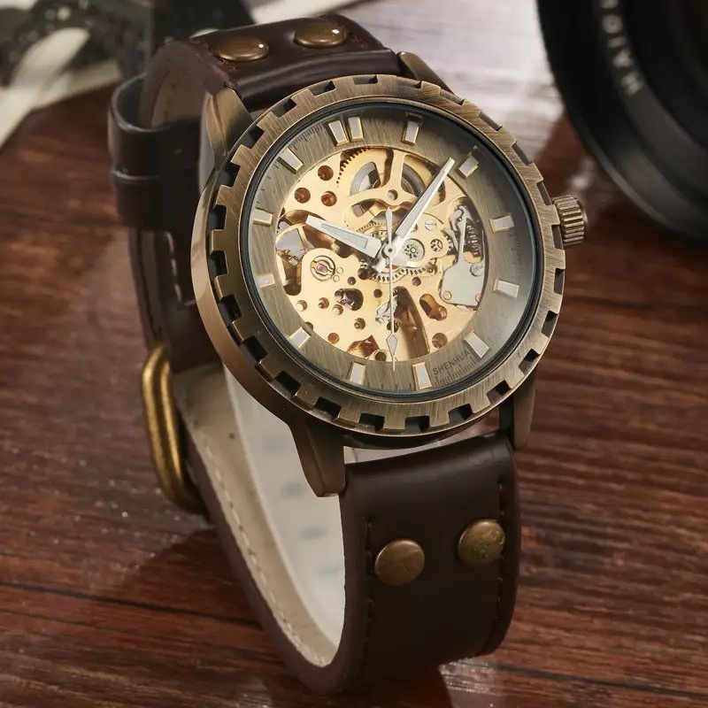 Jam Tangan Retro Mekanik Otomatis Bronze Perunggu Klasik Gear Shenhua