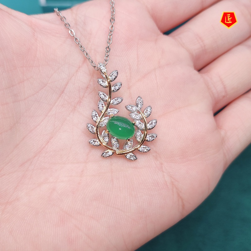 [Ready Stock]Natural Chalcedony Necklace Diamond Olive Leaf Pendant Open Ring