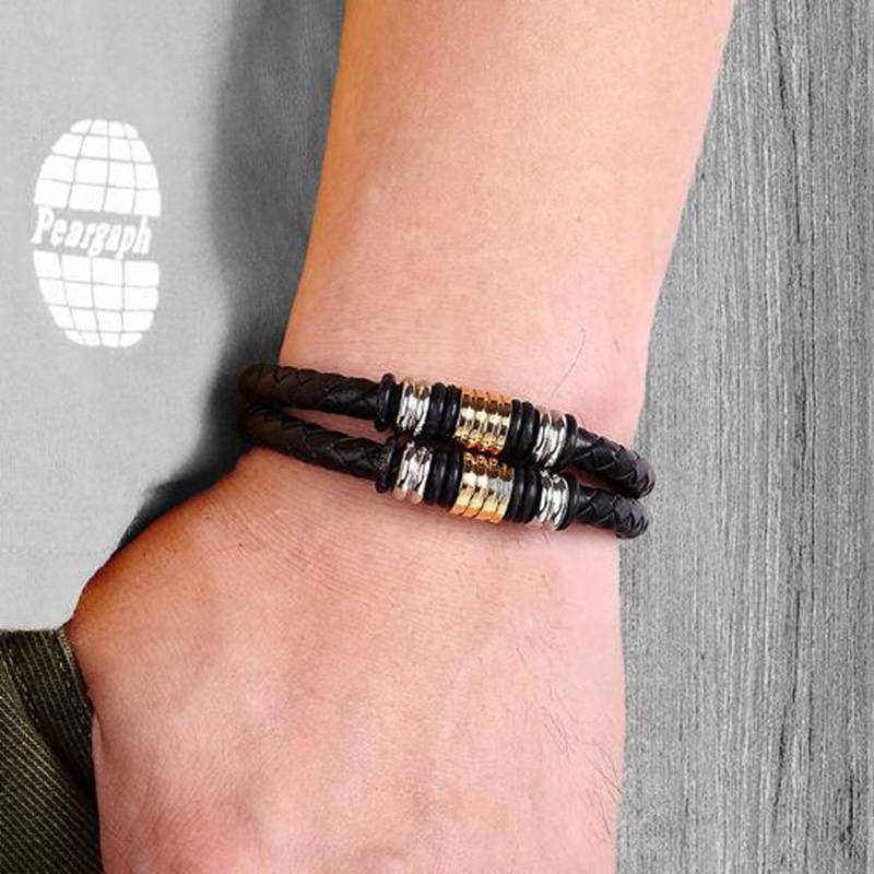 Perhiasan Gelang Tangan Model Dua Lapis Kepang Bahan Kulit Gaya Hipster Punk Untuk Pria