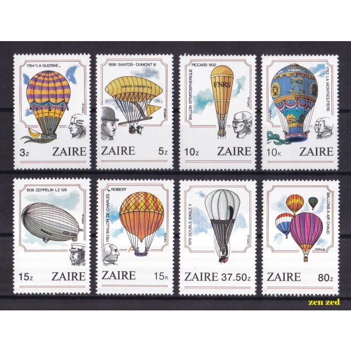 

0681 Perangko Zaire 1984 Aviation Zeppelins Ballons 8v Mnh