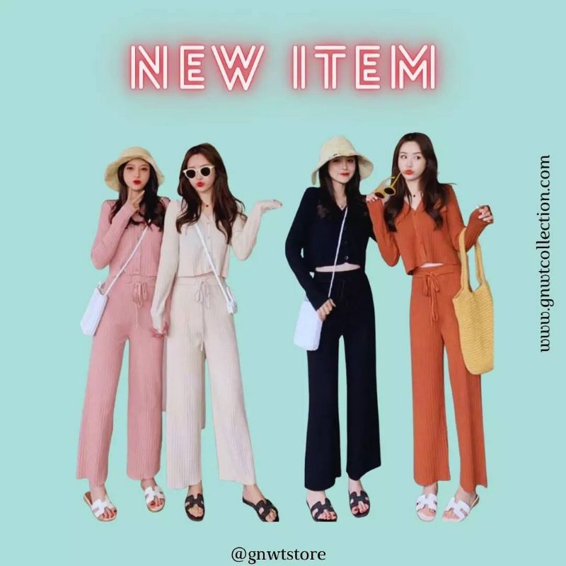 Setelan Wanita Bahan Rajut Import (Crop Top & Celana Panjang)