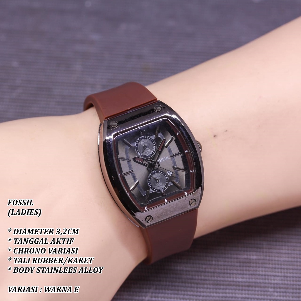 (BISA COD) JAM TANGAN WANITA F-022 FASHION TALI RUBBER BODY OVAL HITAM TANGGAL AKTIF CHRONO VARIASI