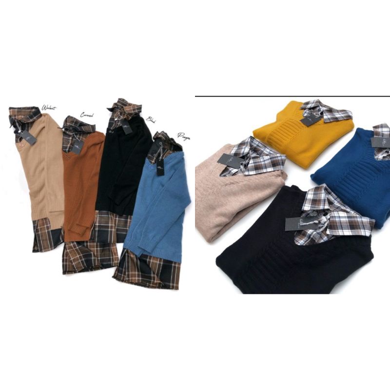 FLANELA VESTY KNIT /SHIRTY BLOUSE KNIT  By Outfix / Mery Blouse NAVY By AYX KOREA